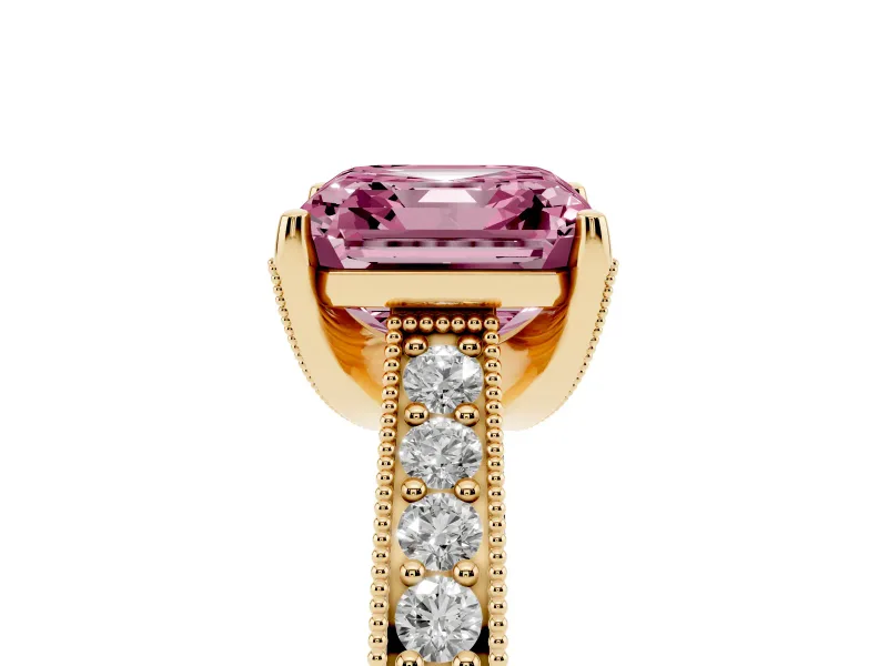 Asscher Cut Hidden Halo Engagement Ring Setting for a Fancy Pink Lab-Grown Diamond | Milgrain Pave | Yellow Gold