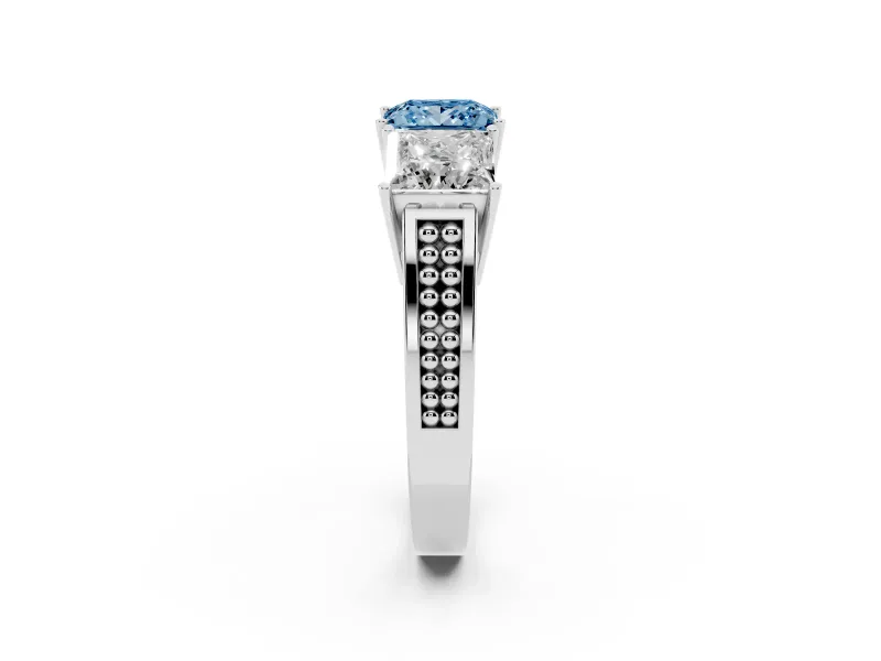 Princess Cut Three Stone Engagement Ring Setting for a Fancy Blue Lab-Grown Diamond | Beaded Shoulders | Platinum