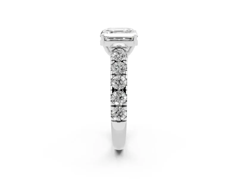 Asscher Cut Cut-Down Side Stone Engagement Ring Setting | Scalloped Shoulders | Sterling Silver