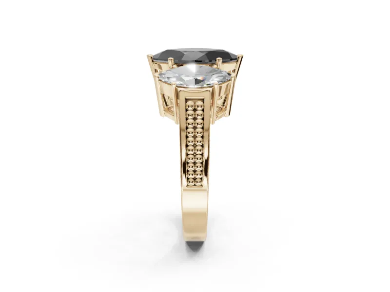 Marquise Three Stone Engagement Ring Setting for a Black Center | Beaded Shoulders | Yellow Gold
