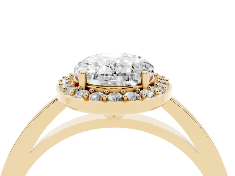 Oval Thin Halo Low Profile Engagement Ring Setting | Slim Plain Band | Yellow Gold
