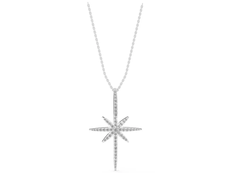 Round Lab-Grown Diamond Pavé Starburst Pendant Necklace | Eight-Point Star | White Gold