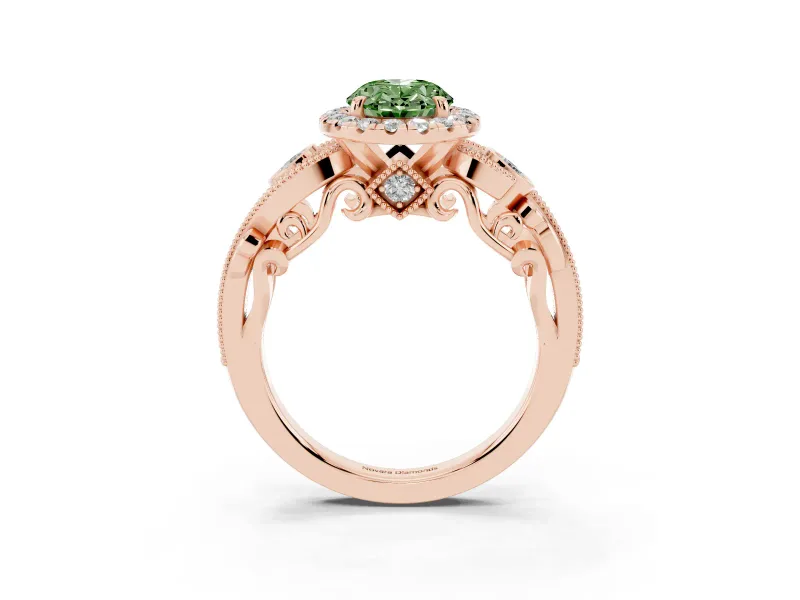 Fancy Green Oval Cut Diamond Halo Ring Set in Rose gold with Milgrain Pavé Band and Prong Setting