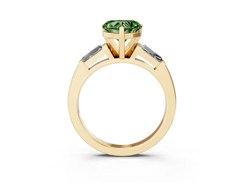 Fancy Green Heart Cut Diamond Solitaire Ring Set in Yellow gold with Tapered Baguette Side Stones and Prong Setting