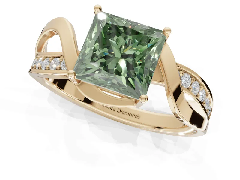 Princess Cut Bypass Solitaire Engagement Ring Setting for a Fancy Green Lab-Grown Diamond | Pavé Strands | Yellow Gold