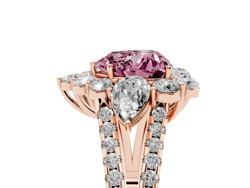 Fancy Pink Heart Cut Diamond Halo Split Shank Engagement Ring Set in Rose gold with Prong-Held Center Stone