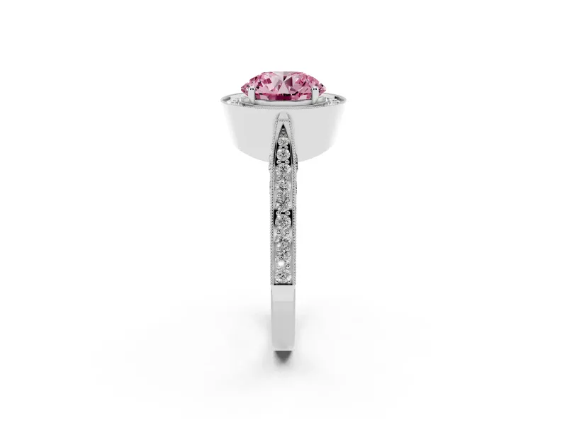 Round Milgrain Halo Engagement Ring Setting for a Fancy Pink Lab-Grown Diamond | Side Stones | Sterling Silver