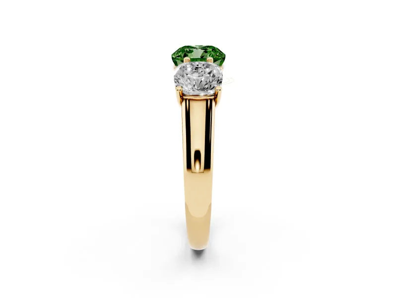 Cushion Cut Three Stone Engagement Ring Setting for a Fancy Green Lab-Grown Diamond | Basket Prong Heads | Yellow Gold