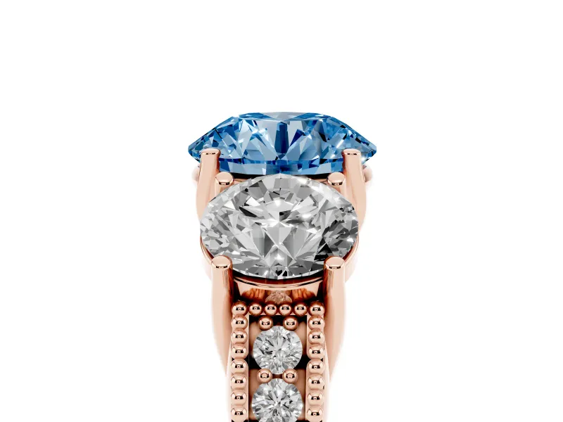 Round Vintage Three Stone Engagement Ring Setting for a Fancy Blue Lab-Grown Diamond | Rose Gold
