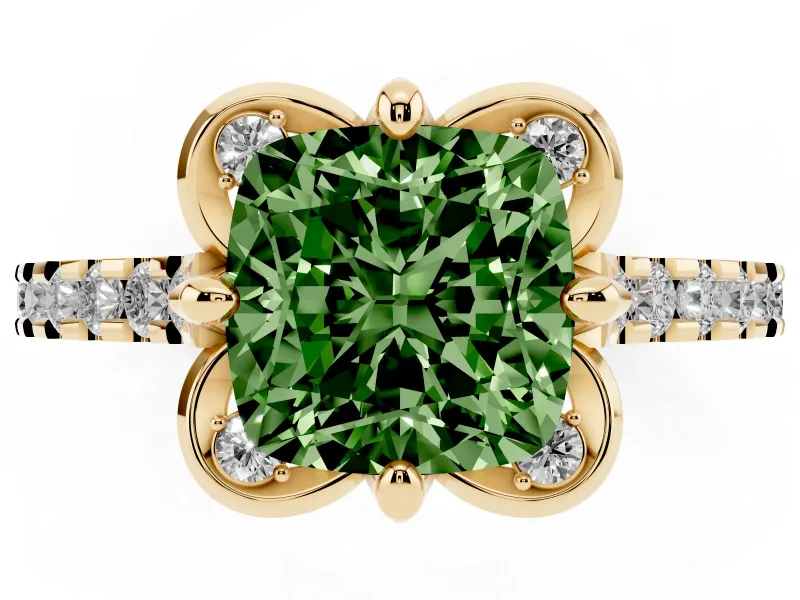 Cushion Cut Floral Petal Engagement Ring Setting for a Fancy Green Lab-Grown Diamond | Petal Accents | Yellow Gold