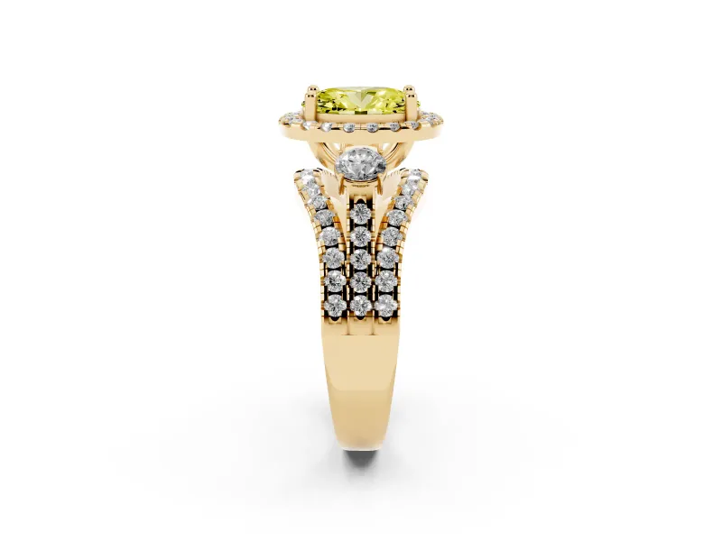 Oval Halo Split Shank Engagement Ring Setting for a Fancy Yellow Lab-Grown Diamond | Round Side Stones | Yellow Gold