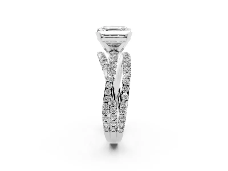 Asscher Cut Diamond Solitaire Twist Band Ring Set in Silver with Pavé Setting and Prong Head
