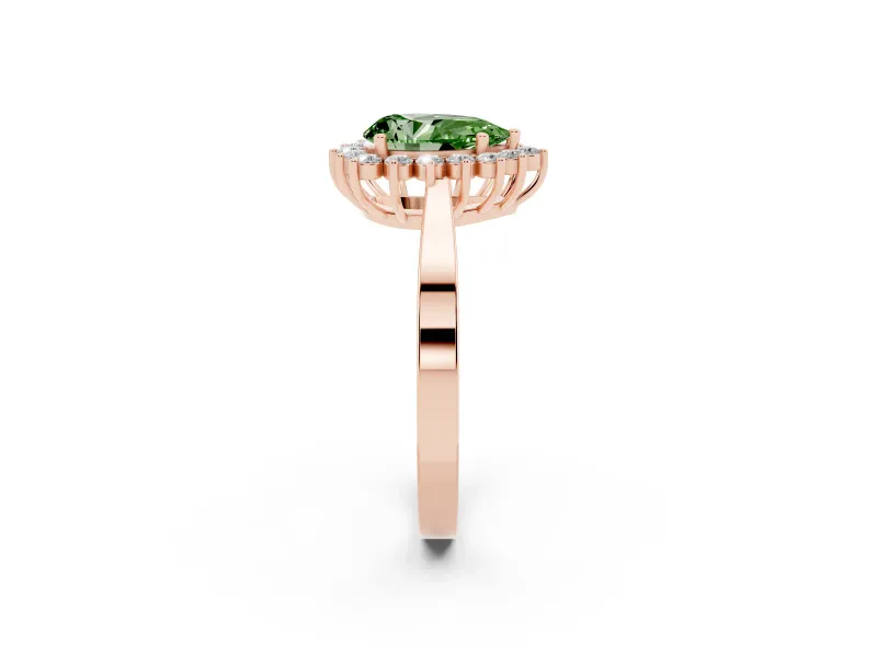 Fancy Green Pear Cut Diamond Halo Ring Set in Rose gold with Round Halo and Smooth Solitaire Band