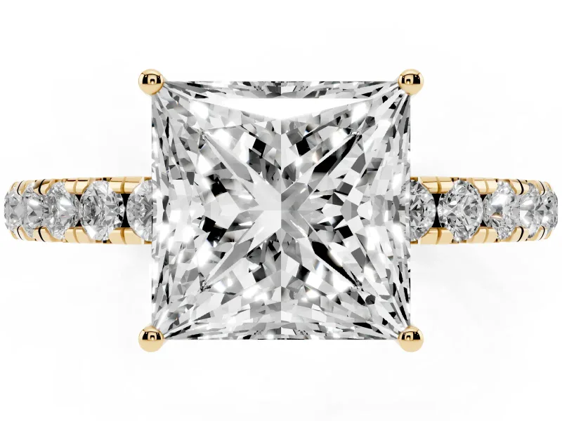 Princess Cut Pave Engagement Ring Setting | Shared Prong Band | Yellow Gold