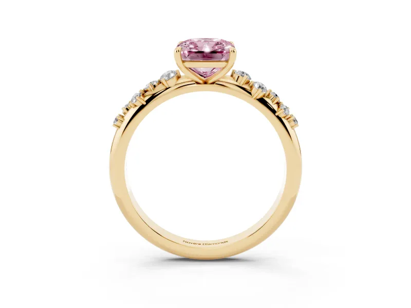 Fancy Pink Radiant Cut Diamond Cluster Solitaire Ring Set in Yellow gold with Prong Setting