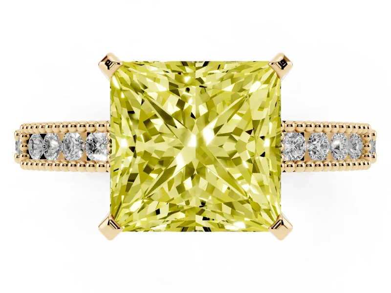 Fancy Yellow Princess Cut Diamond Solitaire Ring Set in Yellow gold with Slim Pavé Band and Prong Setting