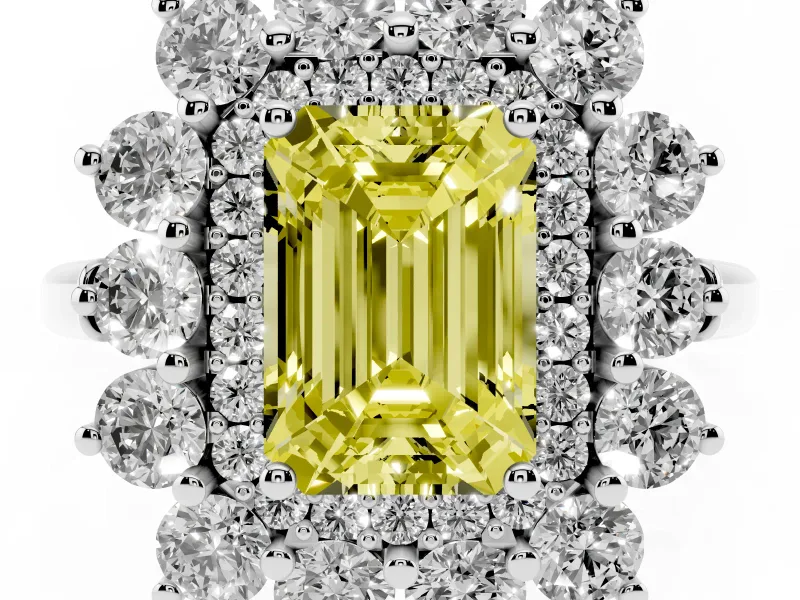 Emerald Cut Floral Halo Engagement Ring Setting for a Fancy Yellow Lab-Grown Diamond | Plain Band | Sterling Silver