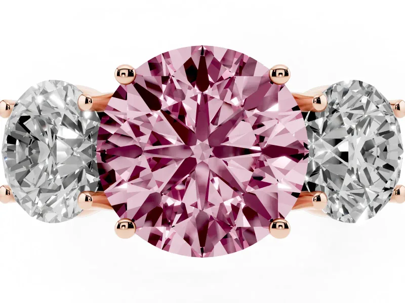 Round Three Stone Engagement Ring Setting for a Fancy Pink Lab-Grown Diamond | Accented Shoulders | Rose Gold