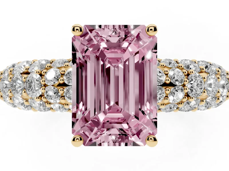 Emerald Cut Multi Row Pave Engagement Ring Setting for a Fancy Pink Lab-Grown Diamond | Yellow Gold