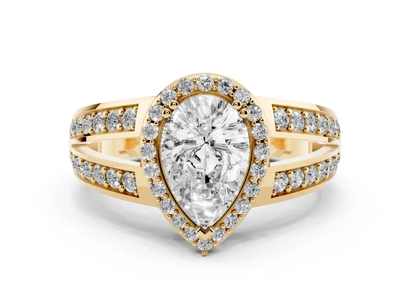 Pear Cut Diamond Halo Ring Set in Yellow gold with Double Pavé Split Shank