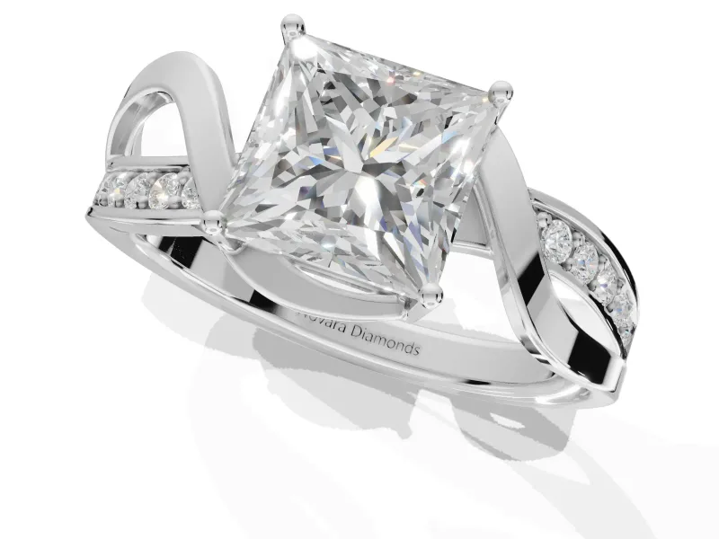 Princess Cut Bypass Solitaire Engagement Ring Setting | Pavé and Plain Strands | Platinum