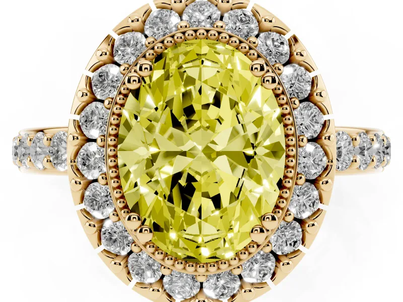 Oval Vintage Milgrain Halo Engagement Ring Setting for a Fancy Yellow Lab-Grown Diamond | Pierced Gallery | Yellow Gold
