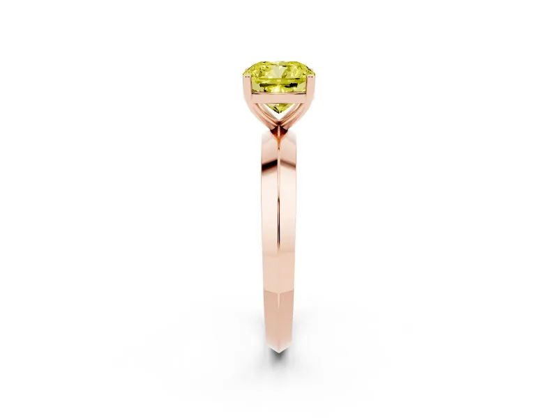 Fancy Yellow Cushion Cut Diamond Solitaire Engagement Ring Set in Rose gold with Flat Band and Prong Setting