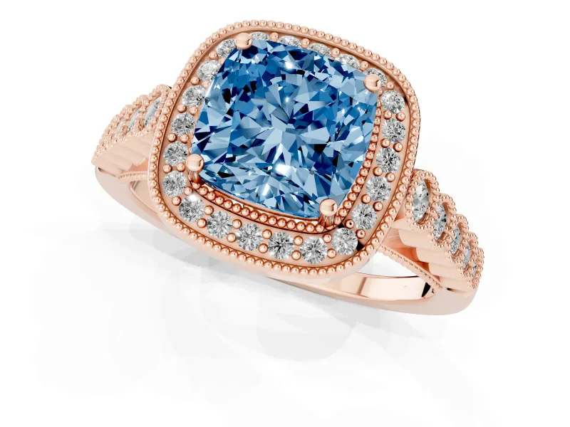 Cushion Cut Graduated Milgrain Halo Engagement Ring Setting for a Fancy Blue Lab-Grown Diamond | Rose Gold