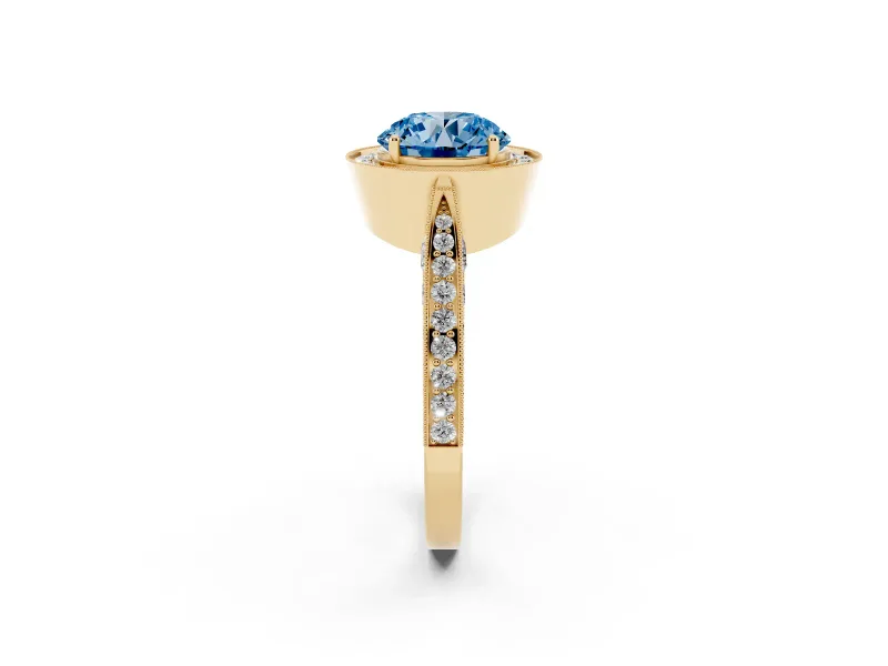 Round Milgrain Halo Engagement Ring Setting for a Fancy Blue Lab-Grown Diamond | Side Stones | Yellow Gold