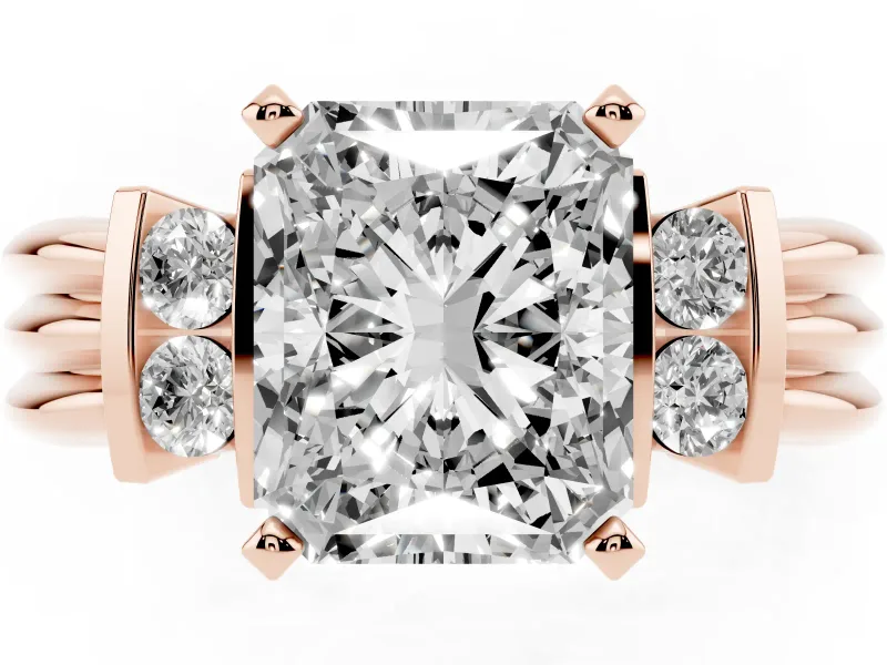Radiant Cut Bar-Set Accent Engagement Ring Setting | Grooved Band | Rose Gold