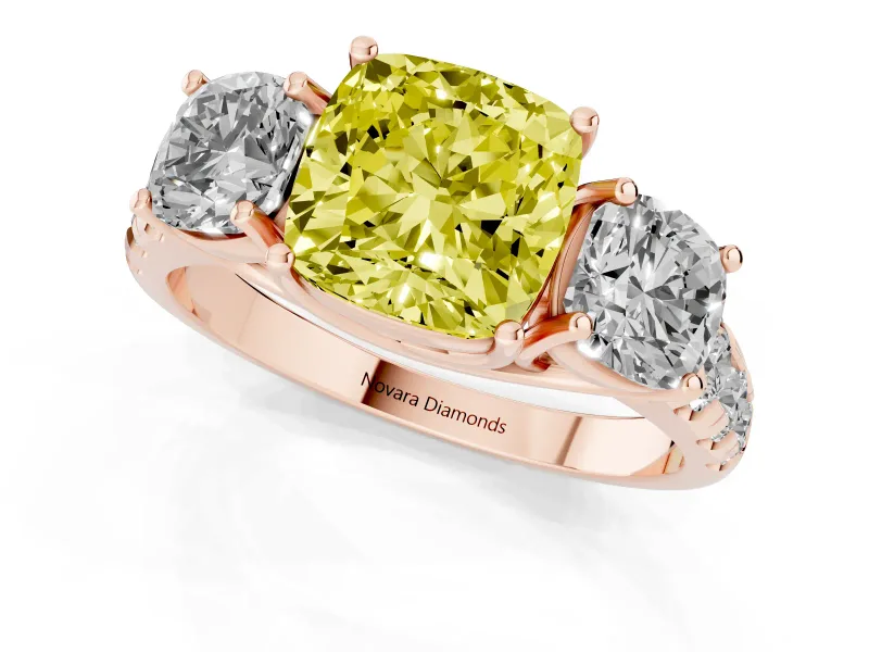 Cushion Cut Three Stone Engagement Ring Setting for a Fancy Yellow Lab-Grown Diamond | Accented Shoulders | Rose Gold