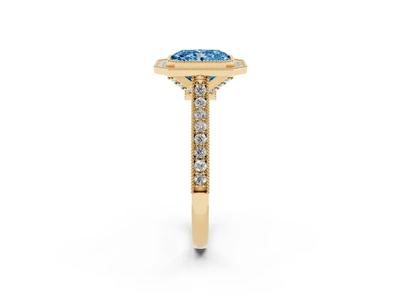 Radiant Cut Vintage Milgrain Halo Engagement Ring Setting for a Fancy Blue Lab-Grown Diamond | Bezel Head | Yellow Gold