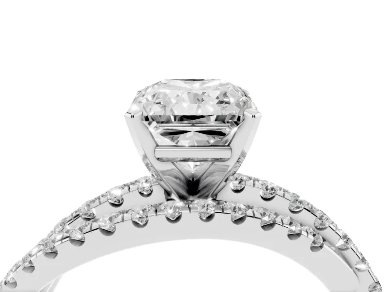 Radiant Cut Diamond Solitaire Twist Band Ring Set in White gold with Pavé Setting and Prong Head