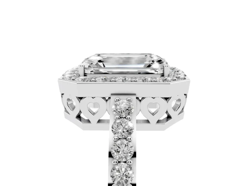 Emerald Cut Diamond Halo Ring Set in White gold with Pavé-Setting Band and Open Prong Center