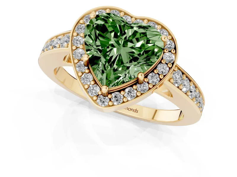 Fancy Green Heart Cut Diamond Halo Pavé Engagement Ring Set in Yellow gold with Bezel Setting