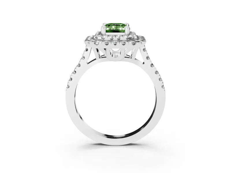 Fancy Green Emerald Cut Diamond Double Halo Statement Ring Set in White gold with Pavé Band
