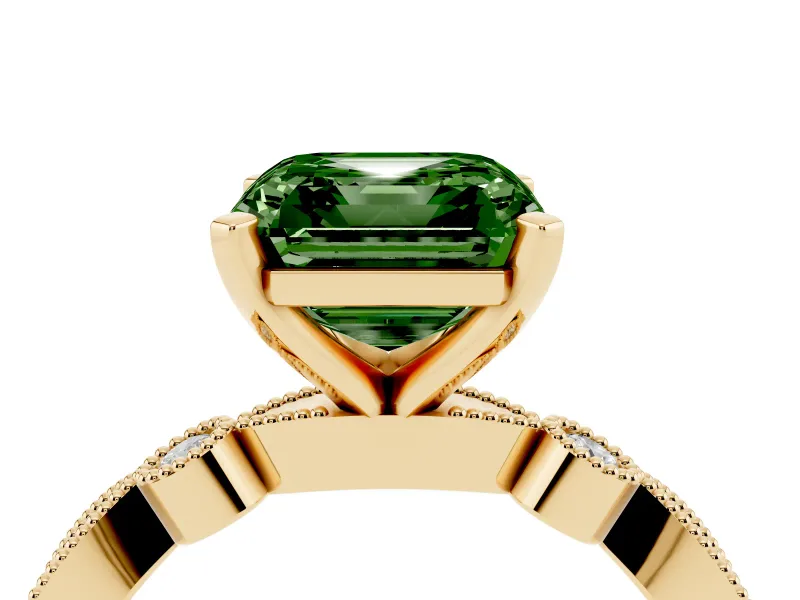 Fancy Green Asscher Cut Diamond Solitaire Engagement Ring Set in Yellow gold with Milgrain Bezel Accent Band