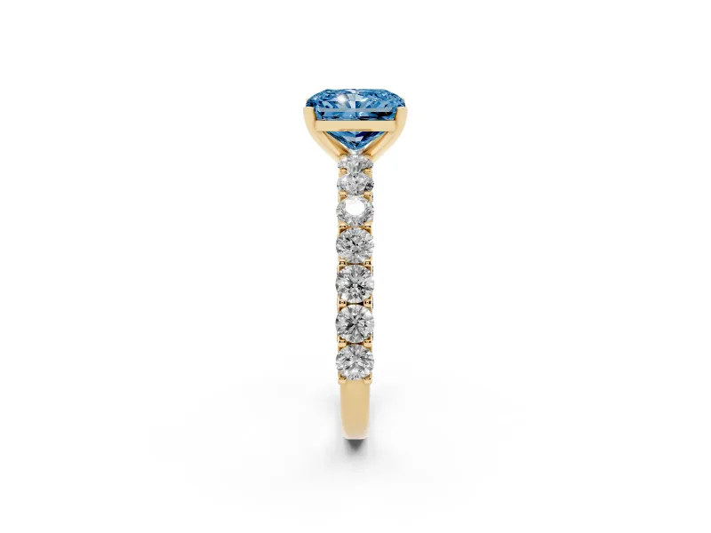 Radiant Cut Shared Prong Engagement Ring Setting for a Fancy Blue Lab-Grown Diamond | Yellow Gold