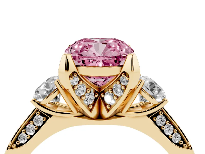 Cushion Cut Hidden Halo Three Stone Engagement Ring Setting for a Fancy Pink Lab-Grown Diamond | Yellow Gold