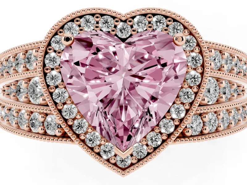 Fancy Pink Heart Cut Diamond Halo Ring Set in Rose gold with Accent Split Shank and Prong Setting