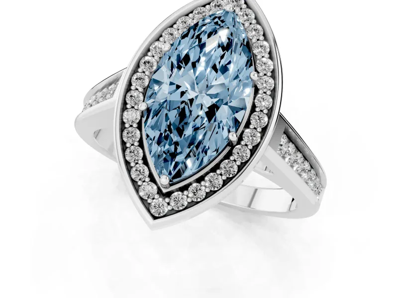 Fancy Blue Marquise Cut Diamond Halo Solitaire Ring Set in Silver with Pavé Band and Bezel Setting