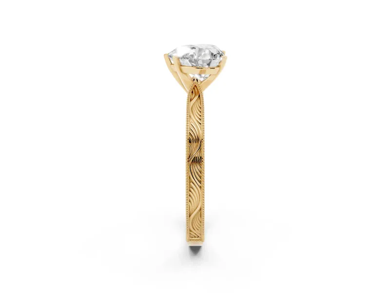 Heart Cut Diamond Solitaire Milgrain Engraved Band Set in Yellow gold with Prong Setting
