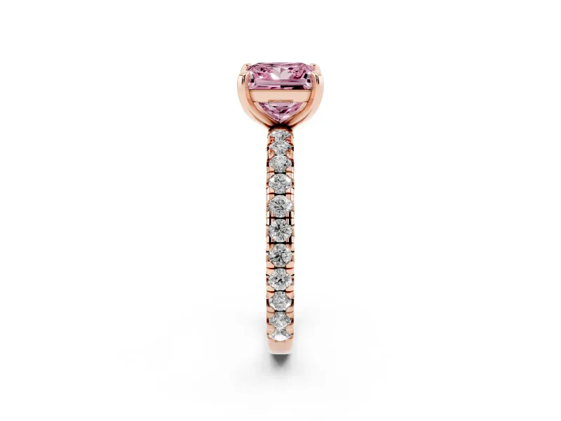 Fancy Pink Princess Cut Diamond Pavé Solitaire Ring Set in Rose gold with Round Band and Prong Setting