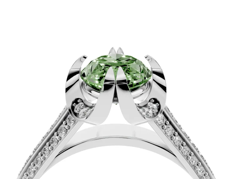Fancy Green Marquise Cut Diamond Pavé Split Shank Solitaire Ring Set in Silver with Prong Setting