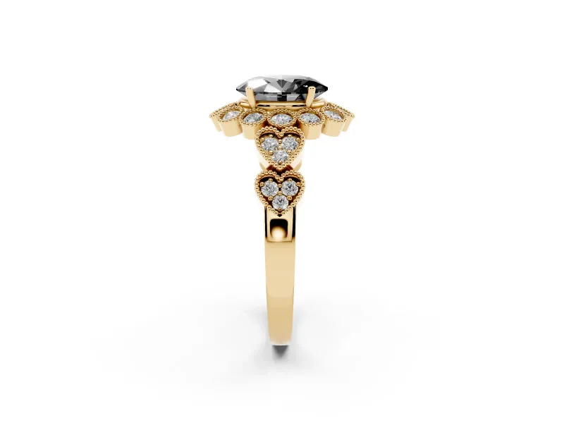 Oval Scalloped Halo Engagement Ring Setting for a Black Center | Heart Pavé Band | Yellow Gold
