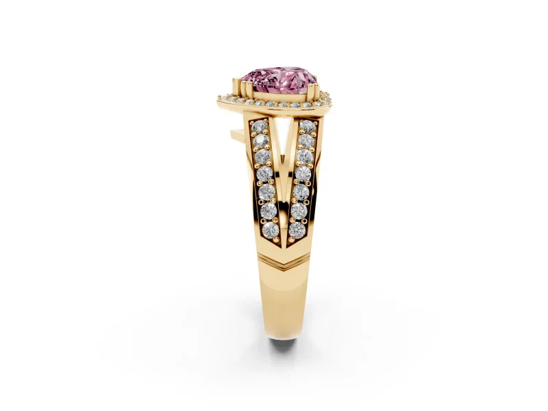 Heart-Shaped Halo Engagement Ring Setting for a Fancy Pink Lab-Grown Diamond | Two-Row Pave Split Shank | Yellow Gold