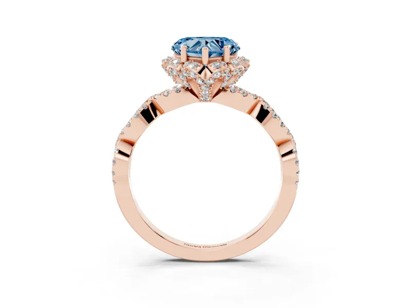 Heart-Shaped Milgrain Halo Engagement Ring Setting for a Fancy Blue Lab-Grown Diamond | Graduated Shoulders | Rose Gold