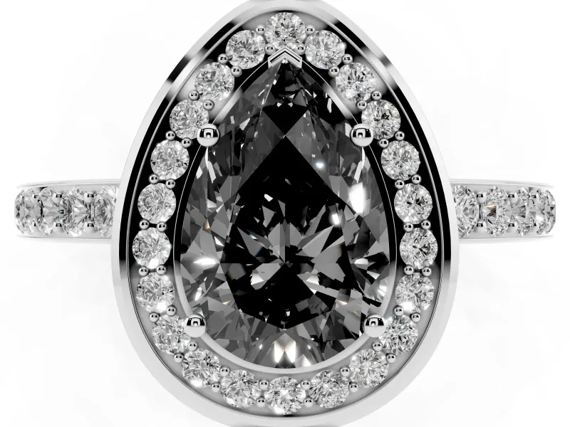 Fancy Black Pear Cut Diamond Halo Ring Set in Platinum with Bezel Frame and Pavé Band
