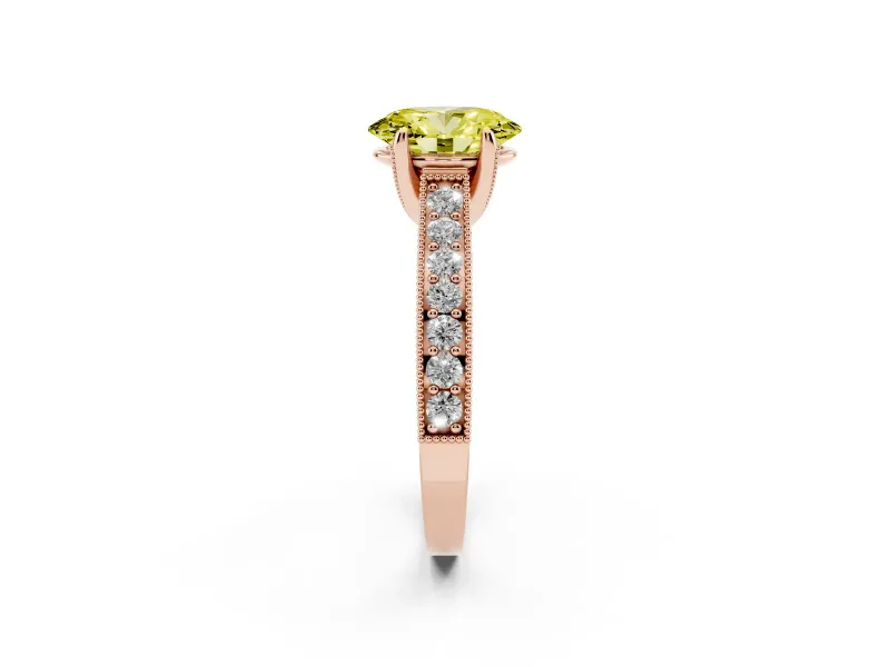 Oval Vintage Hidden Halo Engagement Ring Setting for a Fancy Yellow Lab-Grown Diamond | Milgrain Pave Band | Rose Gold