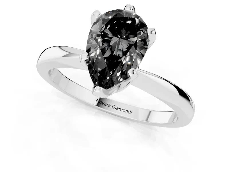 Fancy Black Pear Cut Diamond Solitaire Engagement Ring Set in Silver with Slim Tapered Solitaire Band